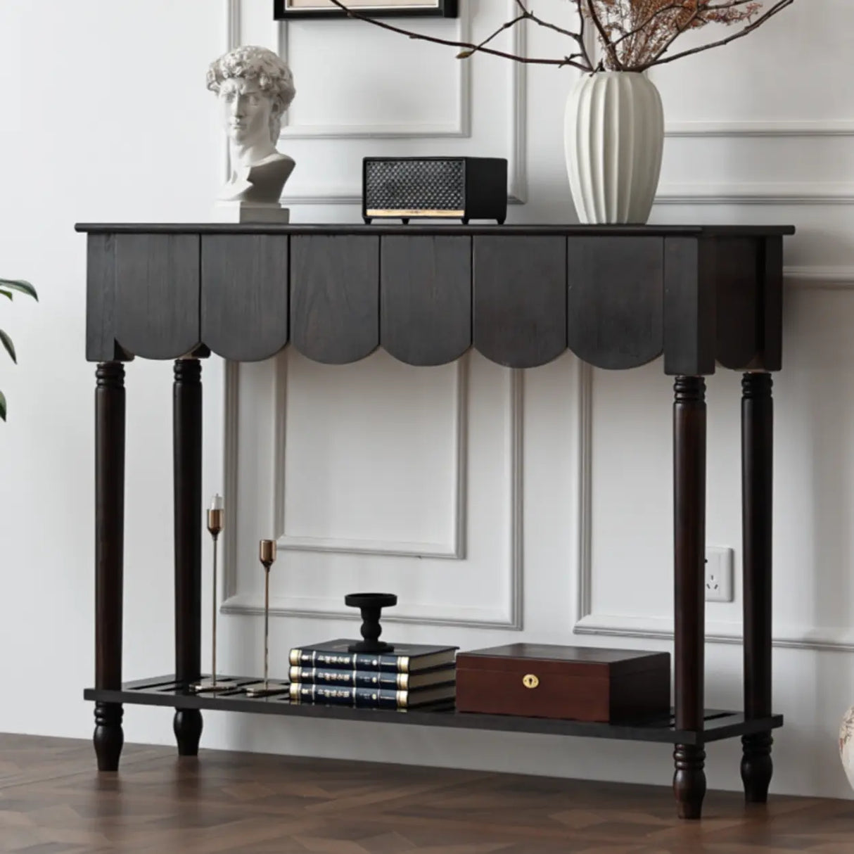 Scandinavian Rectangular Wood Console Table with Floor Shelf Image - 8