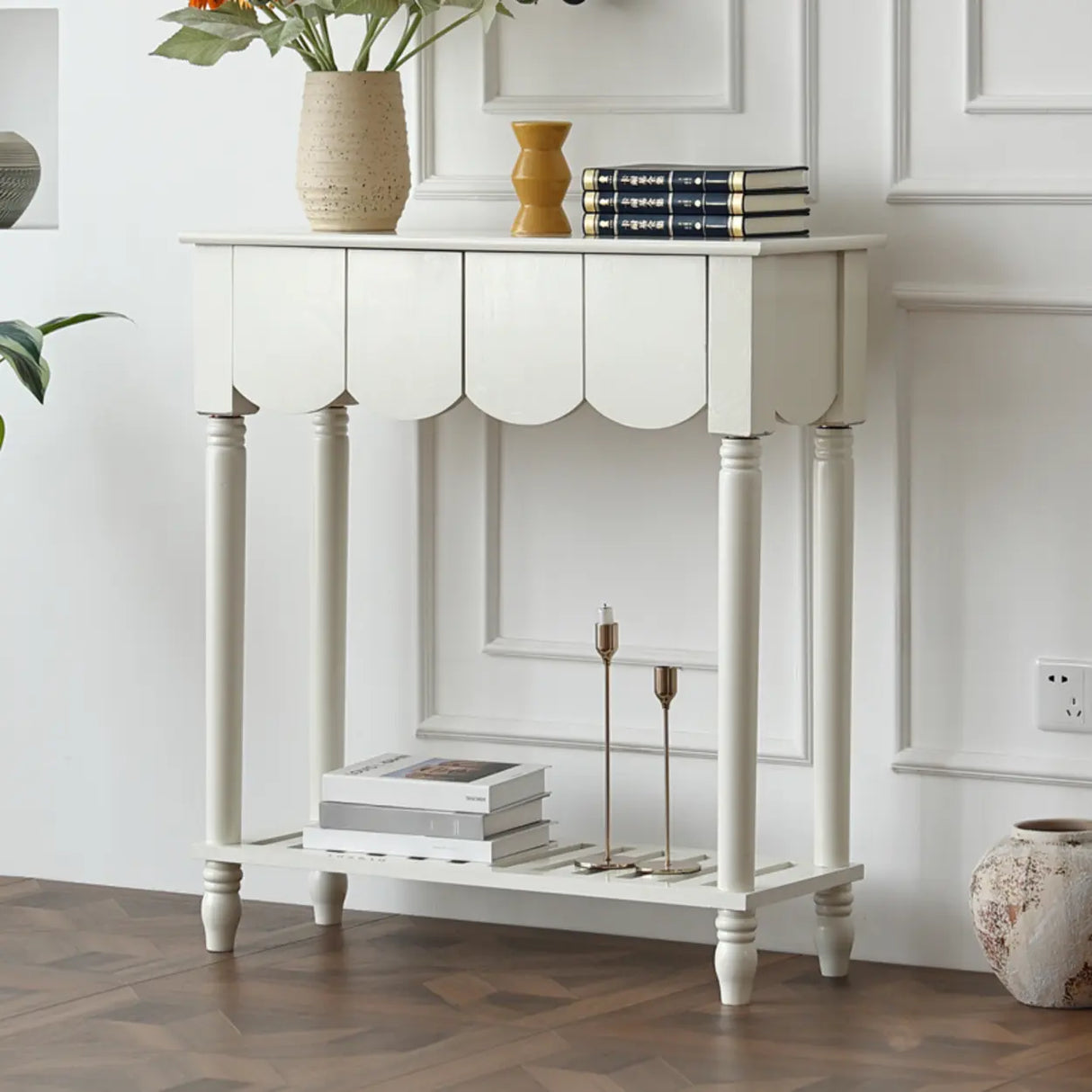 Scandinavian Rectangular Wood Console Table with Floor Shelf Image - 9