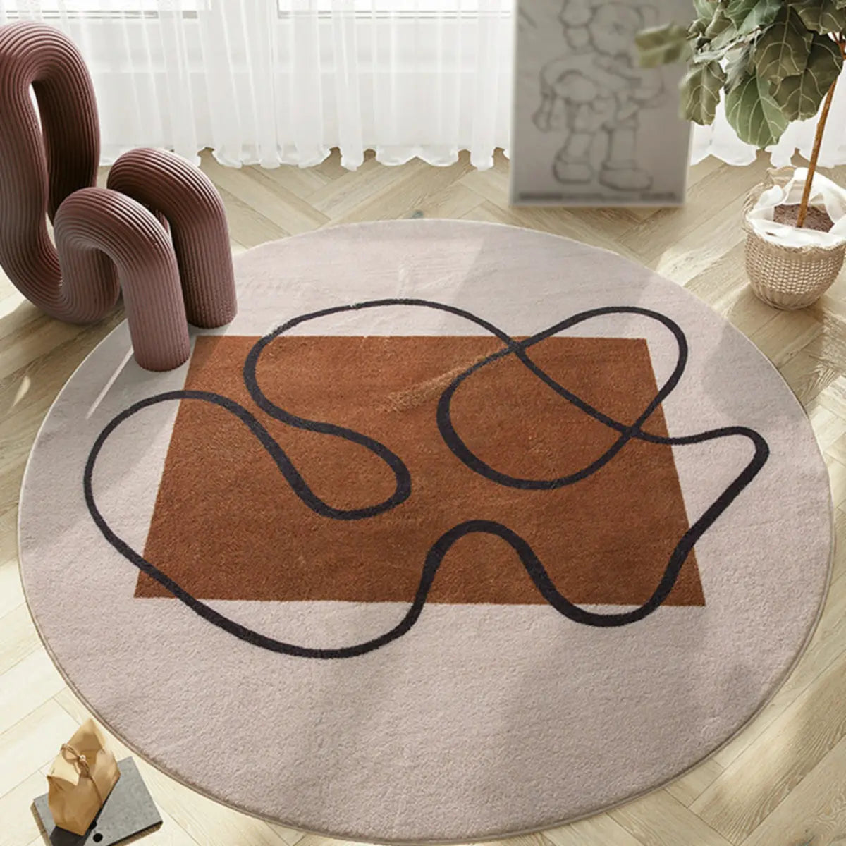 Scandinavian Round Imitation Wool Green Neutral Area Rug Image - 3