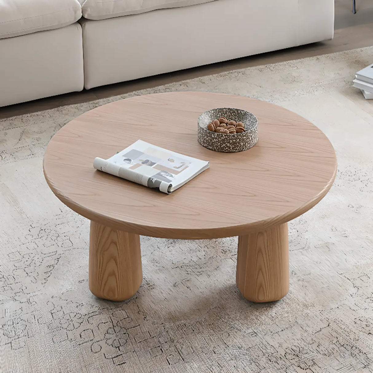 Scandinavian Round Natural Wood 3 Leg Coffee Table Image - 1