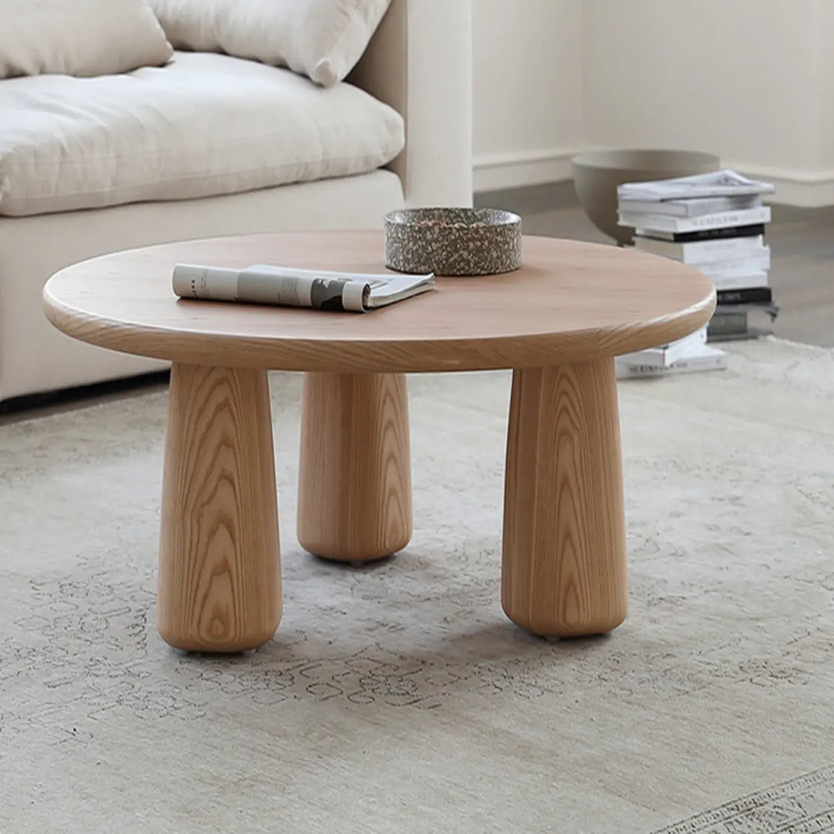 Scandinavian Round Natural Wood 3 Leg Coffee Table Image - 7