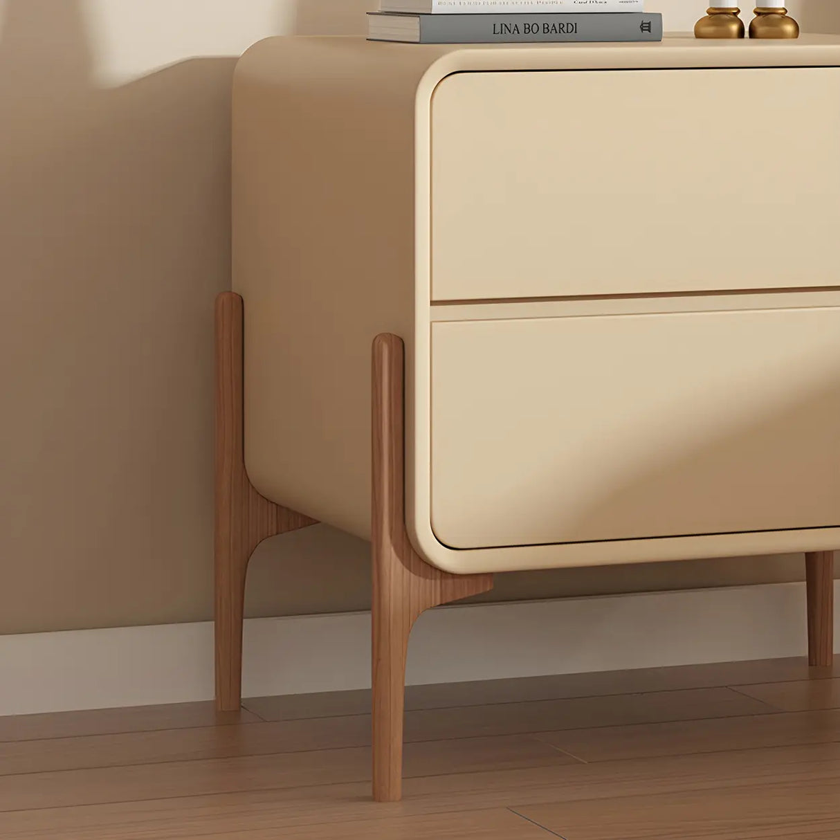 Scandinavian Rounded Wood Off-White 2 Drawer Nightstand Image - 11