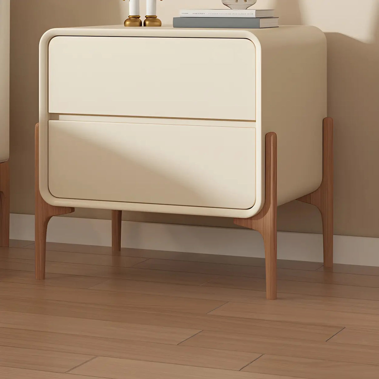 Scandinavian Rounded Wood Off-White 2 Drawer Nightstand Image - 1