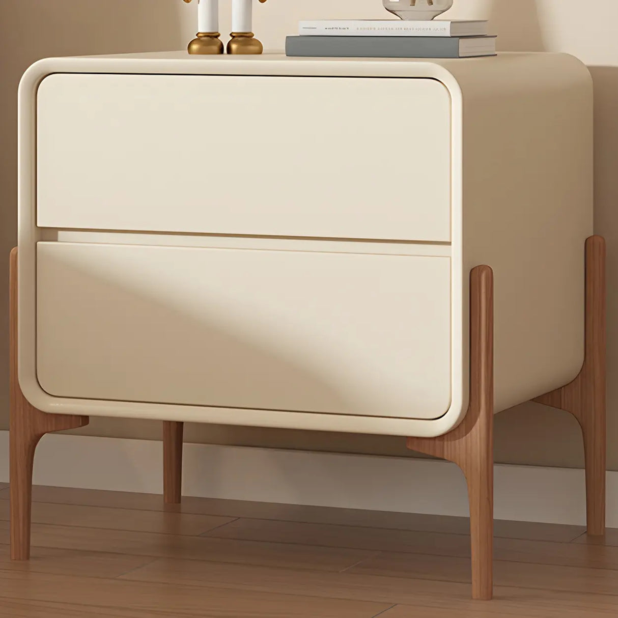 Scandinavian Rounded Wood Off-White 2 Drawer Nightstand Image - 2