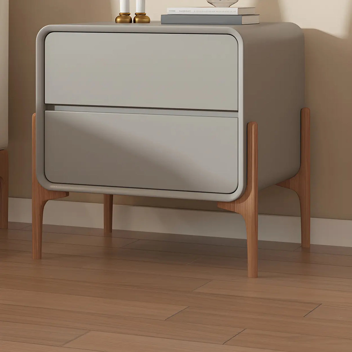 Scandinavian Rounded Wood Off-White 2 Drawer Nightstand Image - 3