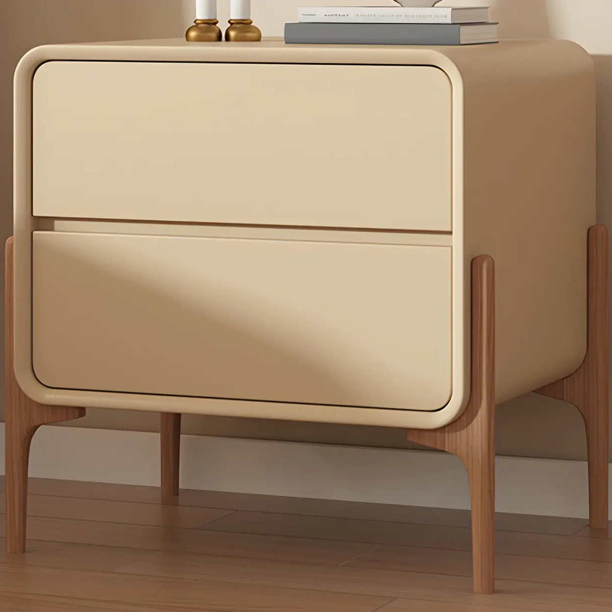 Scandinavian Rounded Wood Off-White 2 Drawer Nightstand Image - 4