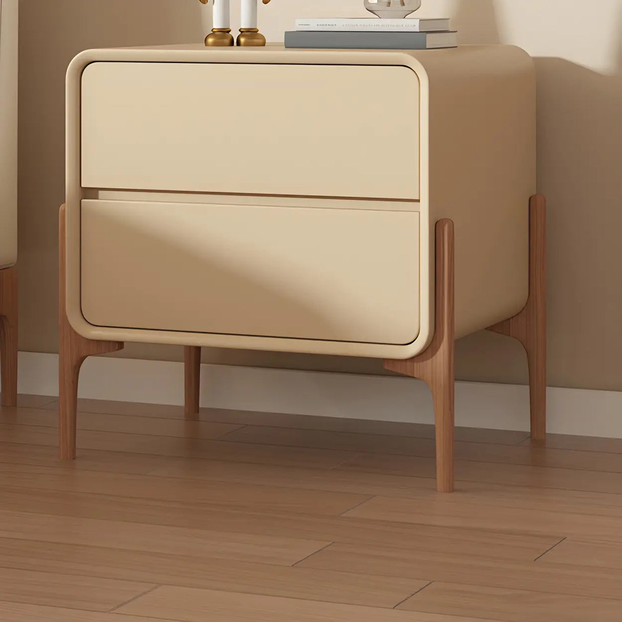 Scandinavian Rounded Wood Off-White 2 Drawer Nightstand Image - 5