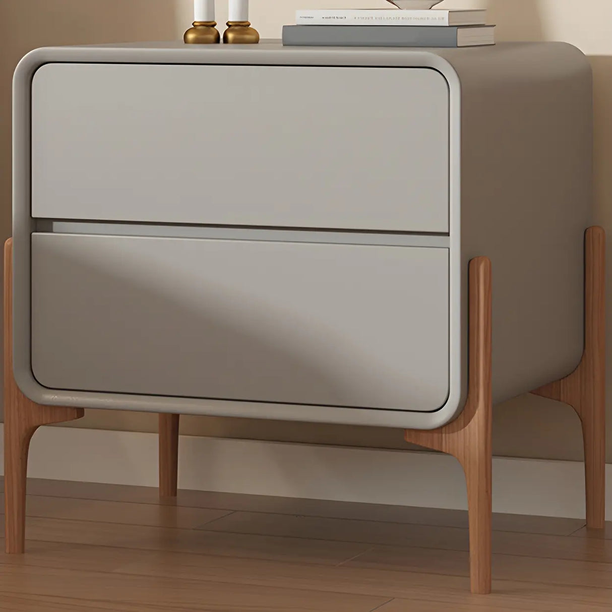 Scandinavian Rounded Wood Off-White 2 Drawer Nightstand Image - 6