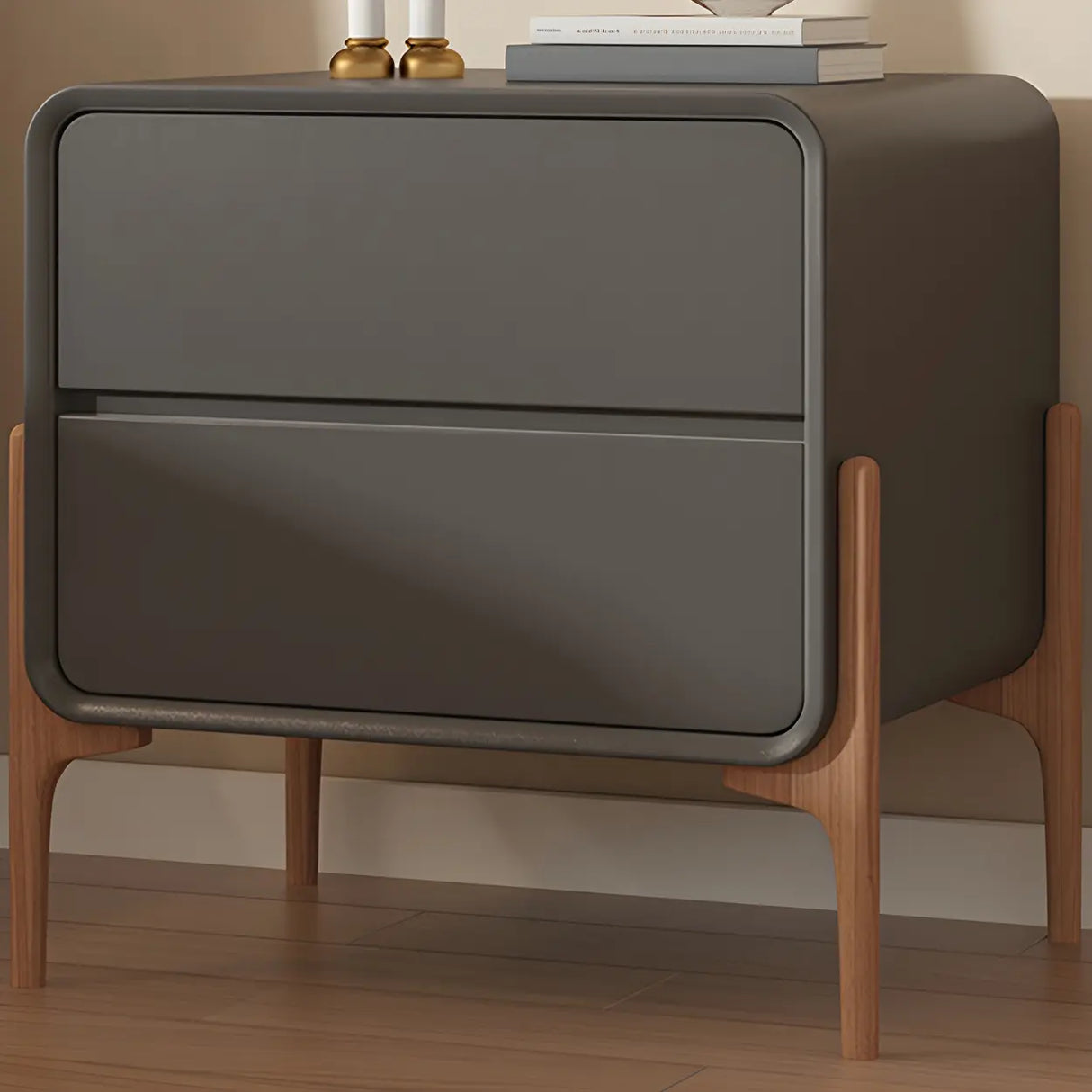 Scandinavian Rounded Wood Off-White 2 Drawer Nightstand Image - 7