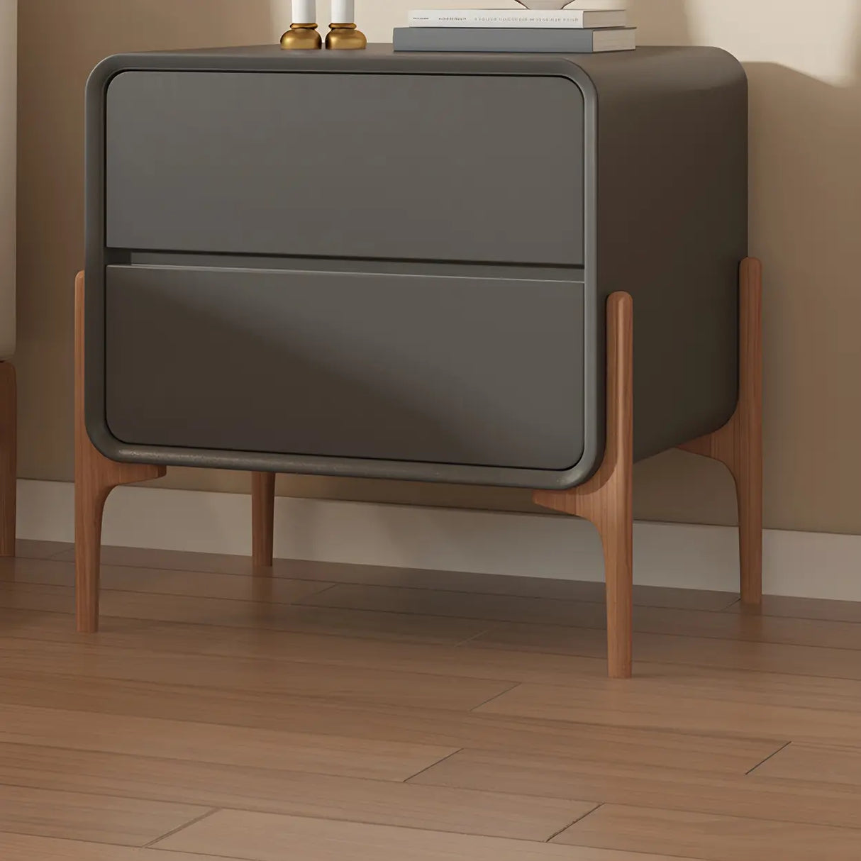 Scandinavian Rounded Wood Off-White 2 Drawer Nightstand Image - 8