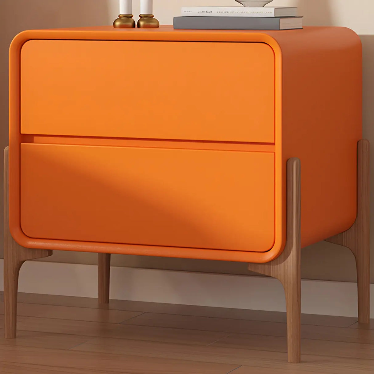 Scandinavian Rounded Wood Off-White 2 Drawer Nightstand Image - 9