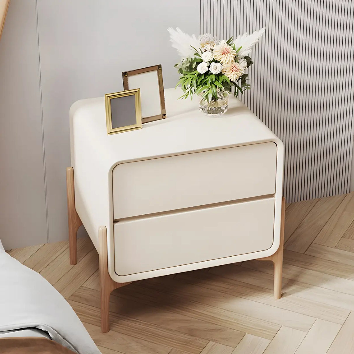 Scandinavian Rounded Wood White Drawer Storage Nightstand Image - 1