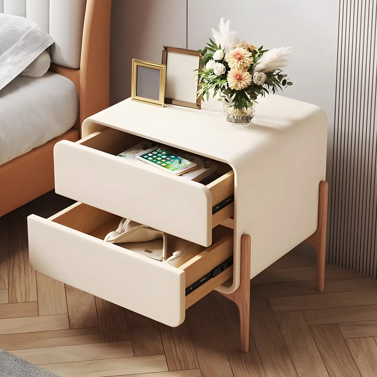 Scandinavian Rounded Wood White Drawer Storage Nightstand Image - 4
