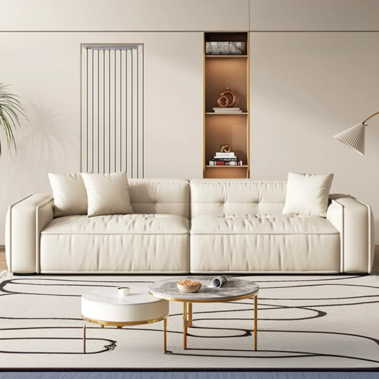 Scandinavian Sherpa Fabric Square Arm Tufted Back Sofa Image - 2