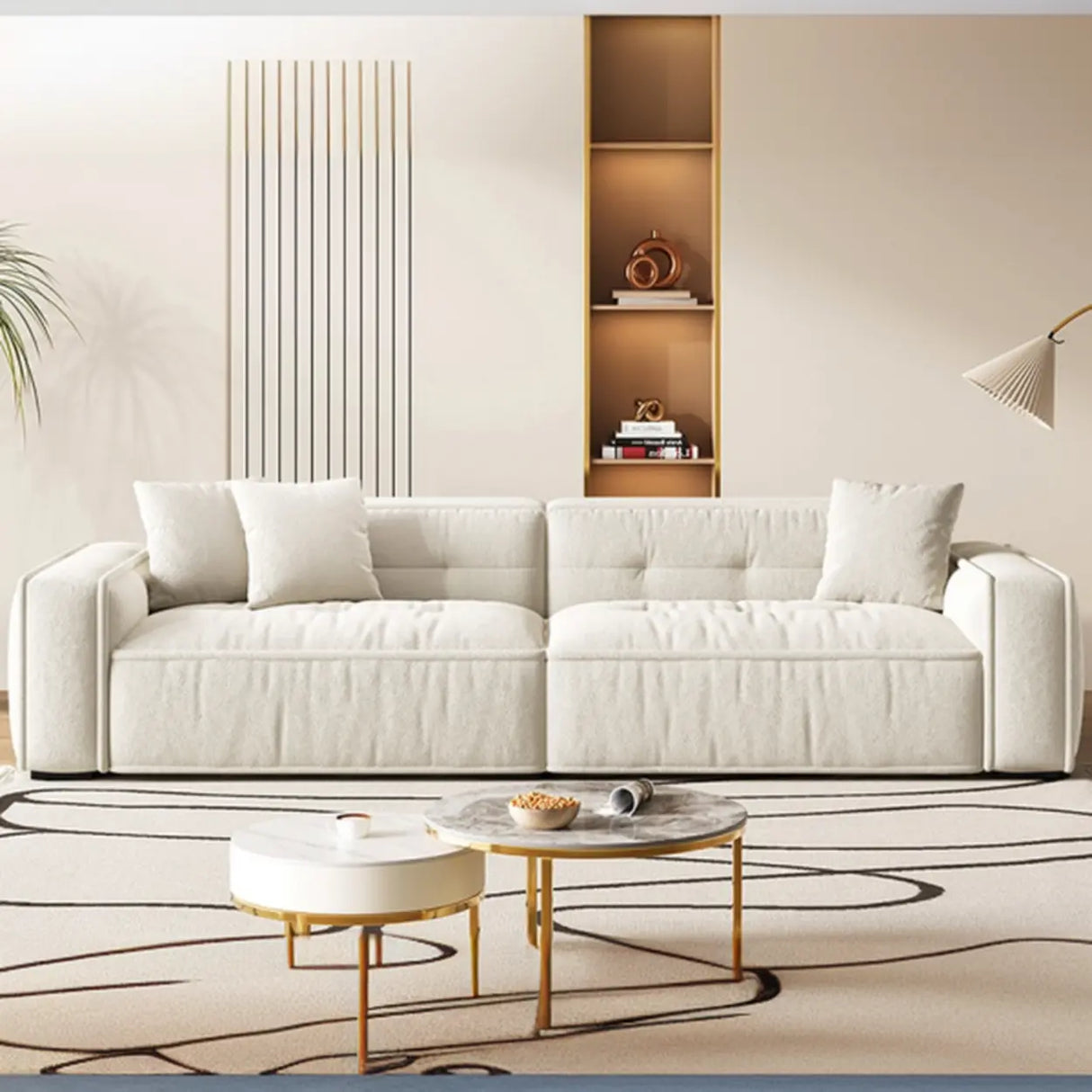 Scandinavian Sherpa Fabric Square Arm Tufted Back Sofa Image - 3