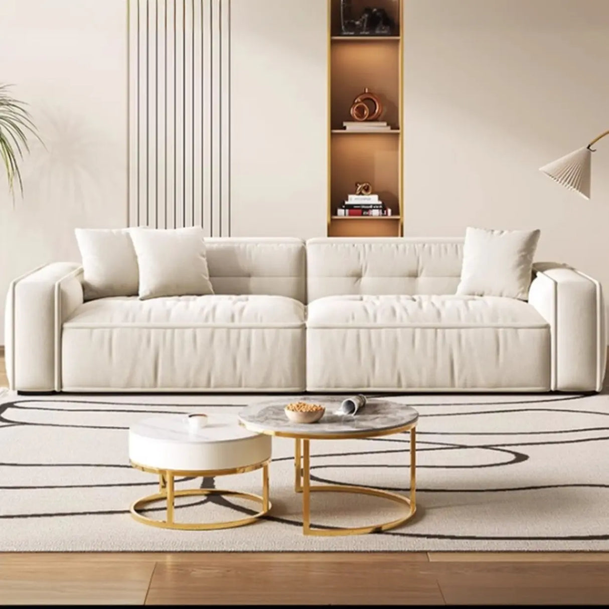 Scandinavian Sherpa Fabric Square Arm Tufted Back Sofa Image - 5