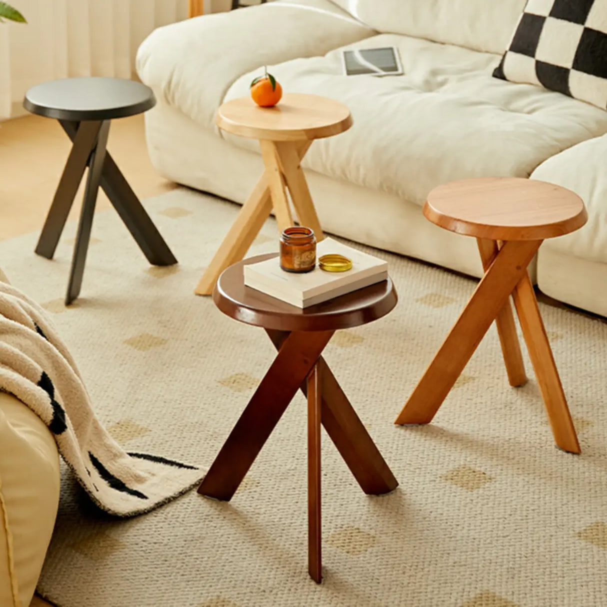 Scandinavian Small Wood Tripod Cross Legs Side Table Image - 1