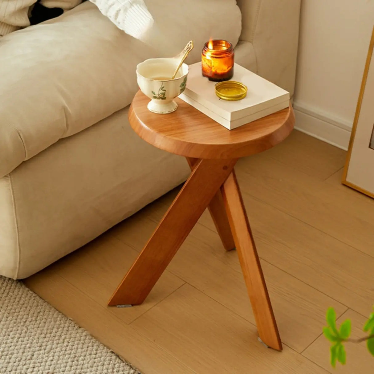 Scandinavian Small Wood Tripod Cross Legs Side Table Image - 14