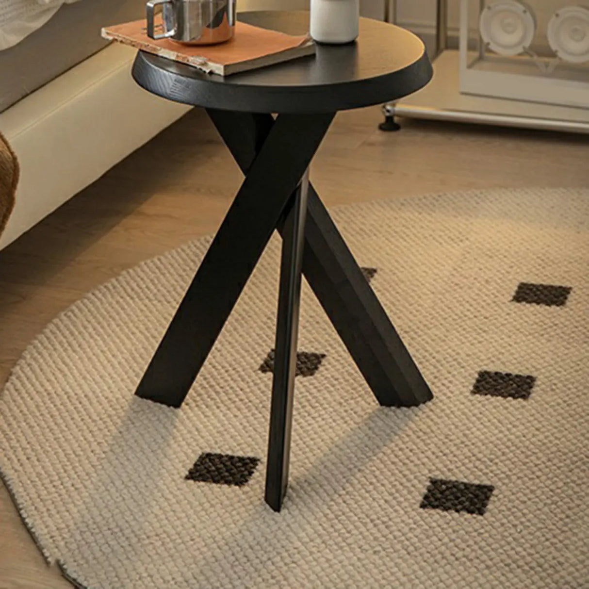 Scandinavian Small Wood Tripod Cross Legs Side Table Image - 4