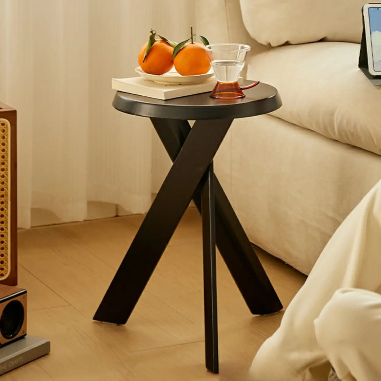 Scandinavian Small Wood Tripod Cross Legs Side Table Image - 6