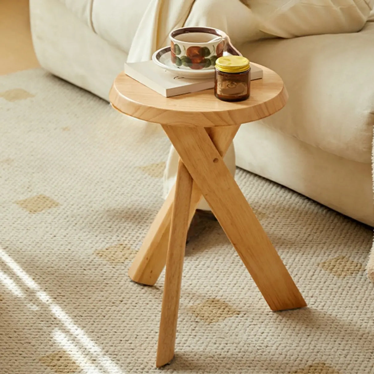 Scandinavian Small Wood Tripod Cross Legs Side Table Image - 7
