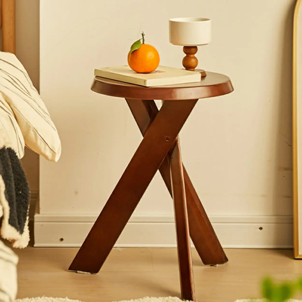 Scandinavian Small Wood Tripod Cross Legs Side Table Image - 8