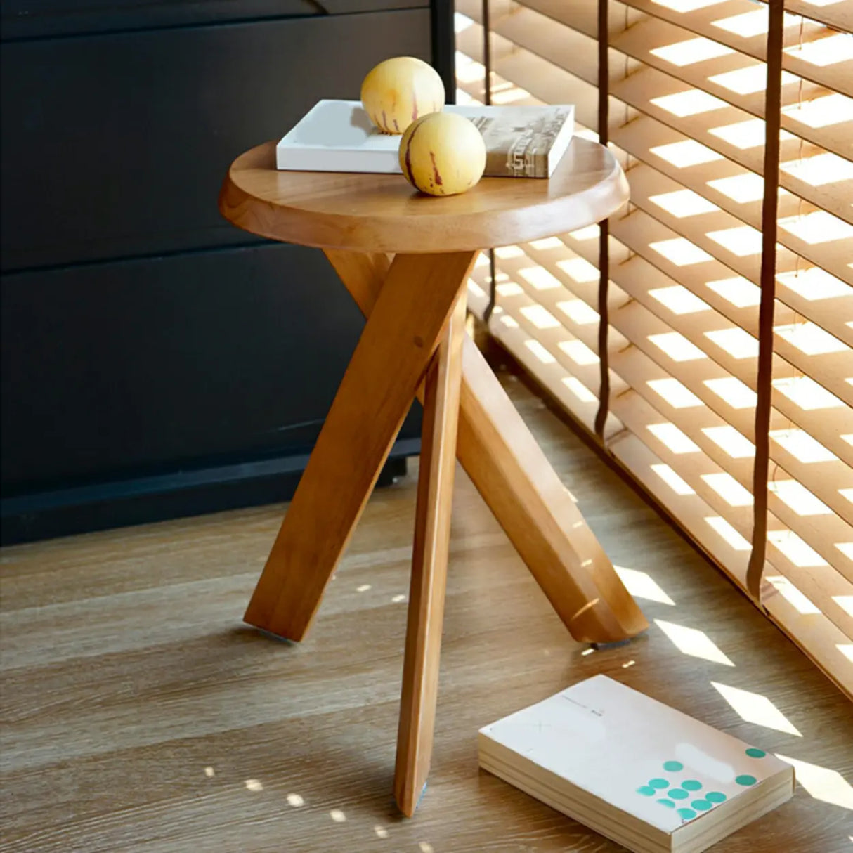 Scandinavian Small Wood Tripod Cross Legs Side Table Image - 9
