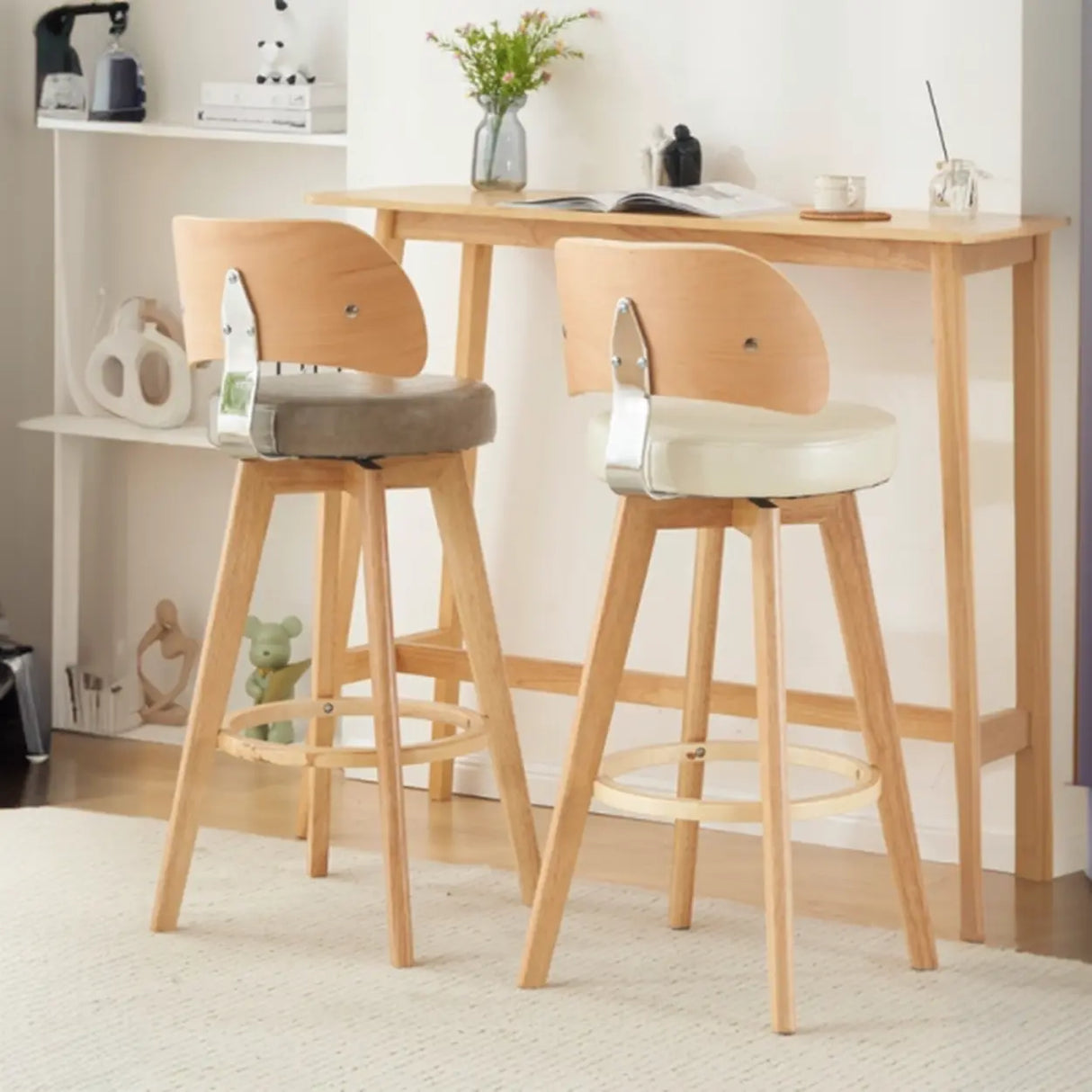 Scandinavian Swivel Wood Low Back Leather Padded Bar Stool Image - 1