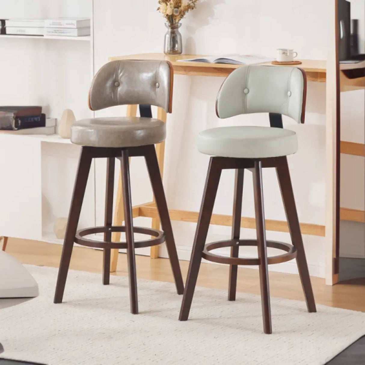 Scandinavian Swivel Wood Low Back Leather Padded Bar Stool Image - 11