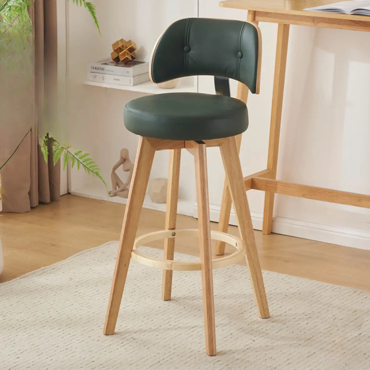 Scandinavian Swivel Wood Low Back Leather Padded Bar Stool Image - 15