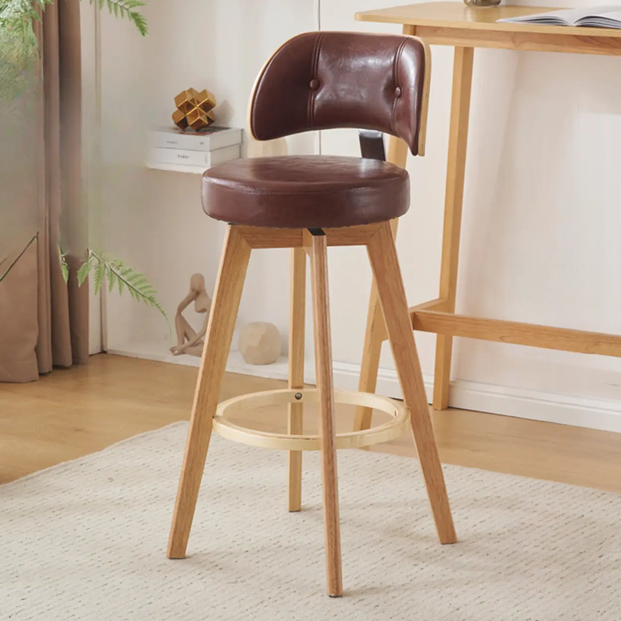 Scandinavian Swivel Wood Low Back Leather Padded Bar Stool Image - 24