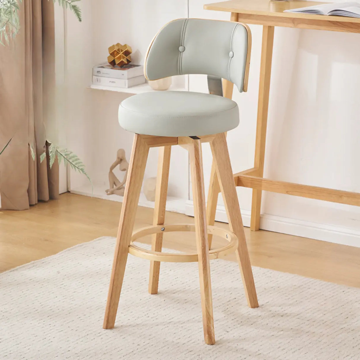 Scandinavian Swivel Wood Low Back Leather Padded Bar Stool Image - 27