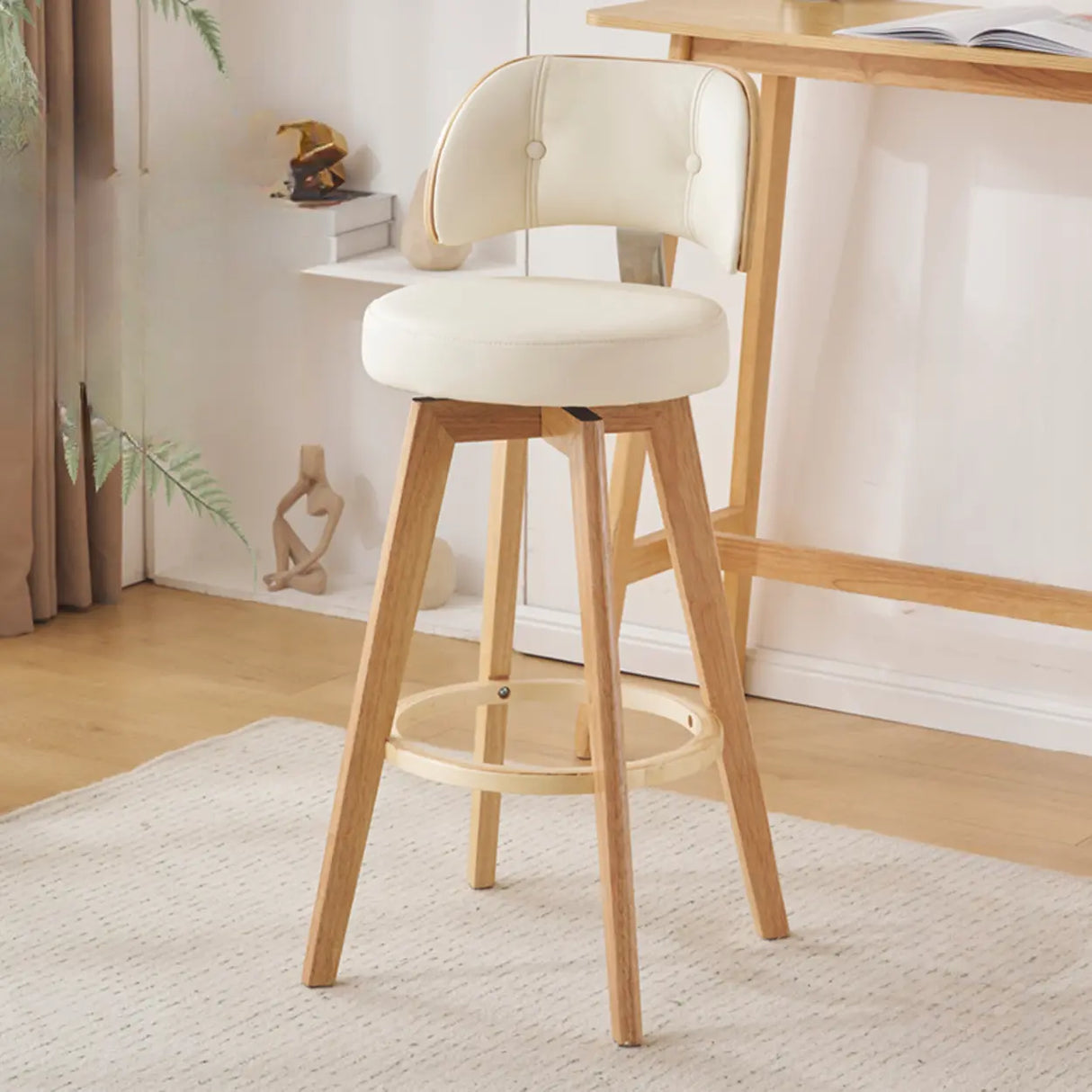 Scandinavian Swivel Wood Low Back Leather Padded Bar Stool Image - 28