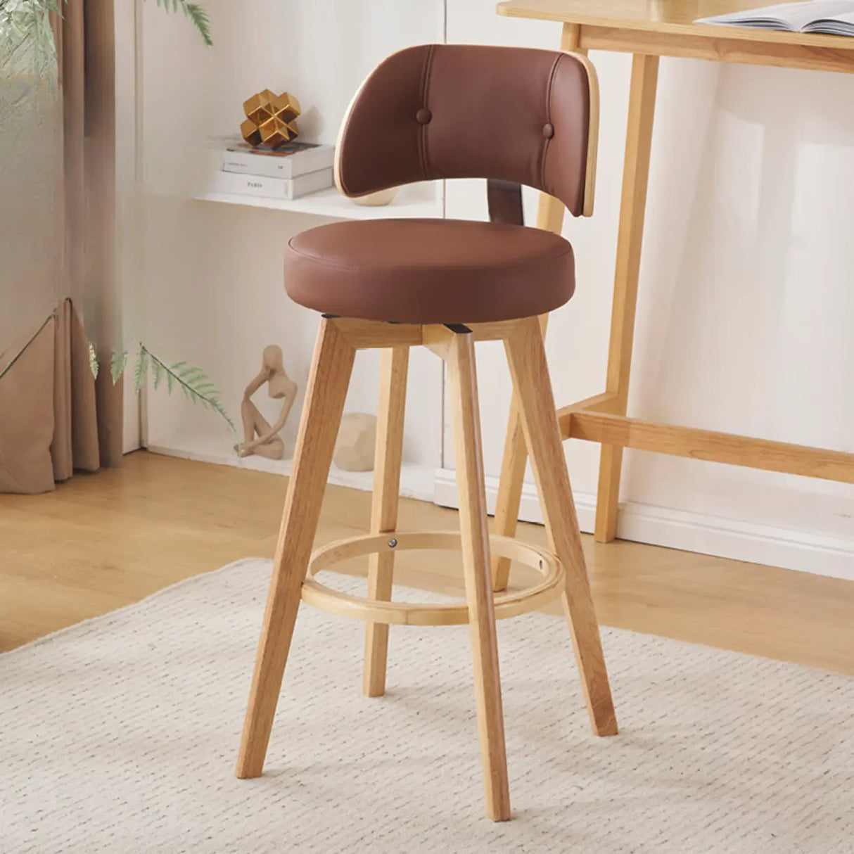Scandinavian Swivel Wood Low Back Leather Padded Bar Stool Image - 29