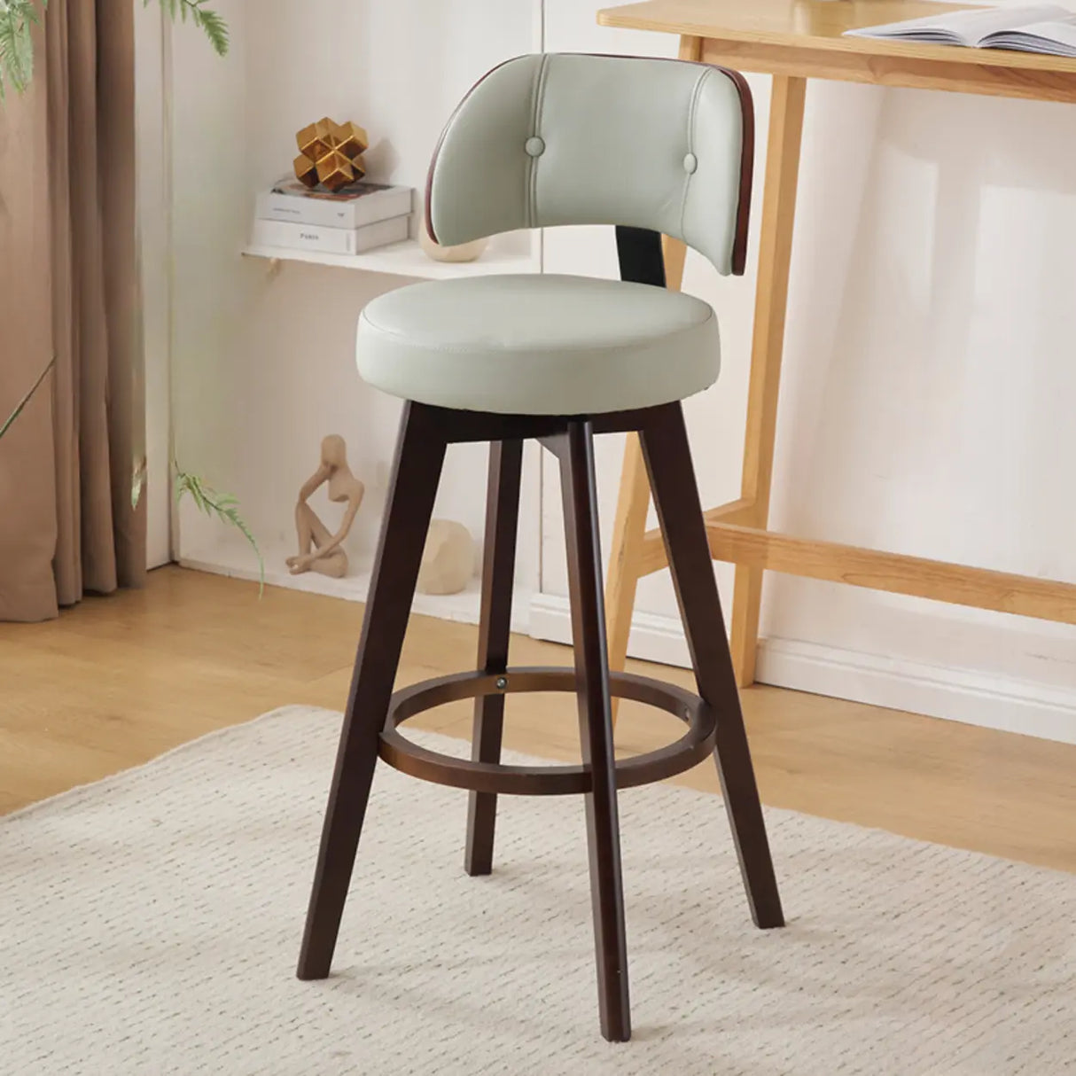 Scandinavian Swivel Wood Low Back Leather Padded Bar Stool Image - 4