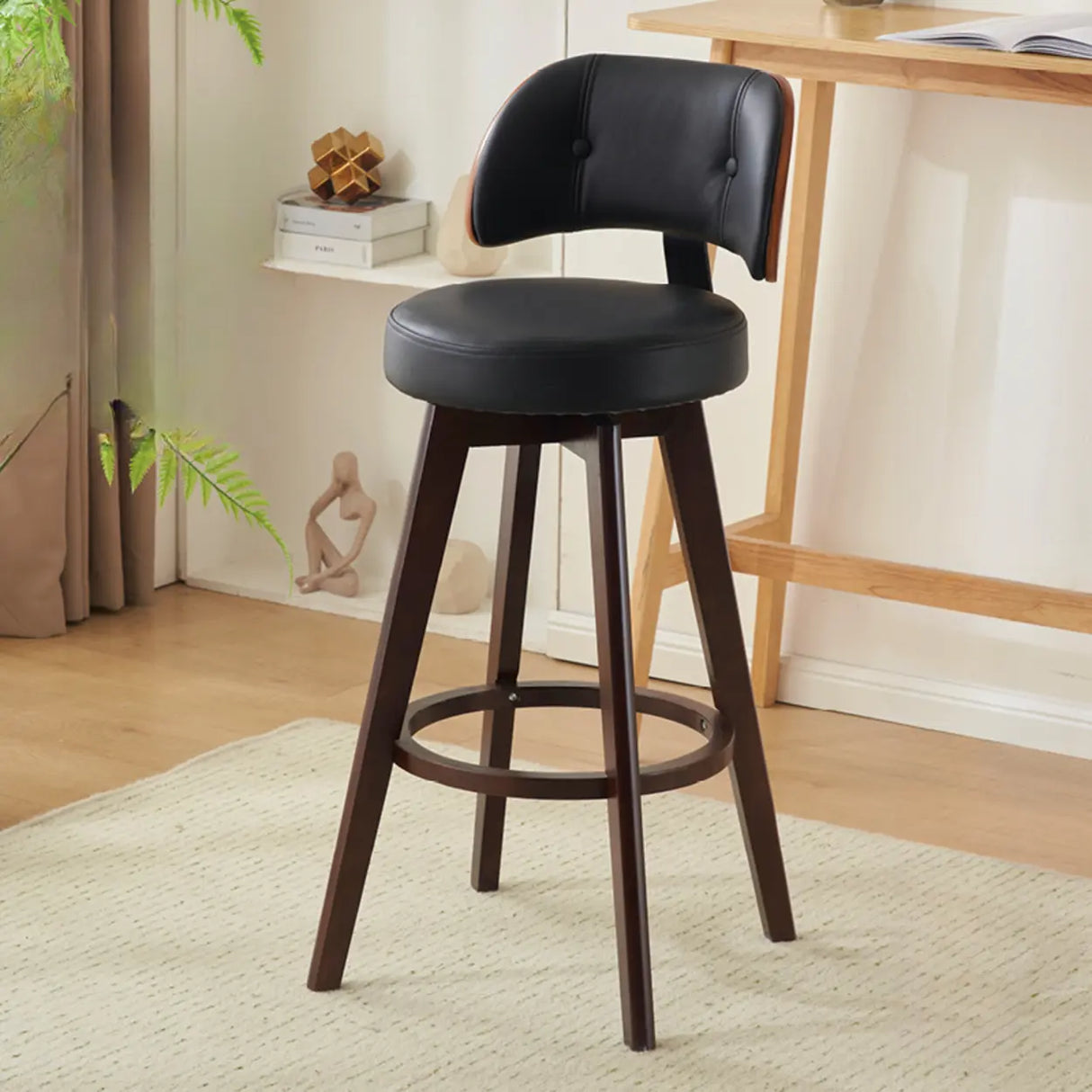 Scandinavian Swivel Wood Low Back Leather Padded Bar Stool Image - 6