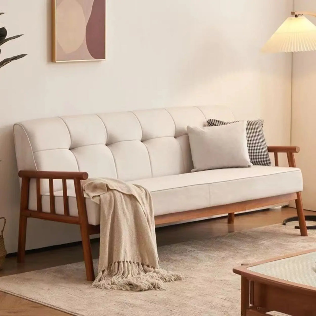 Scandinavian Tech Cloth Tufted Back Rubberwood Leg Sofa Image - 1