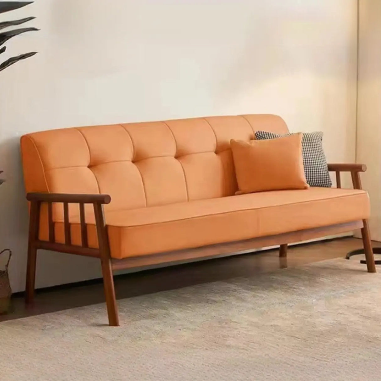 Scandinavian Tech Cloth Tufted Back Rubberwood Leg Sofa Image - 14