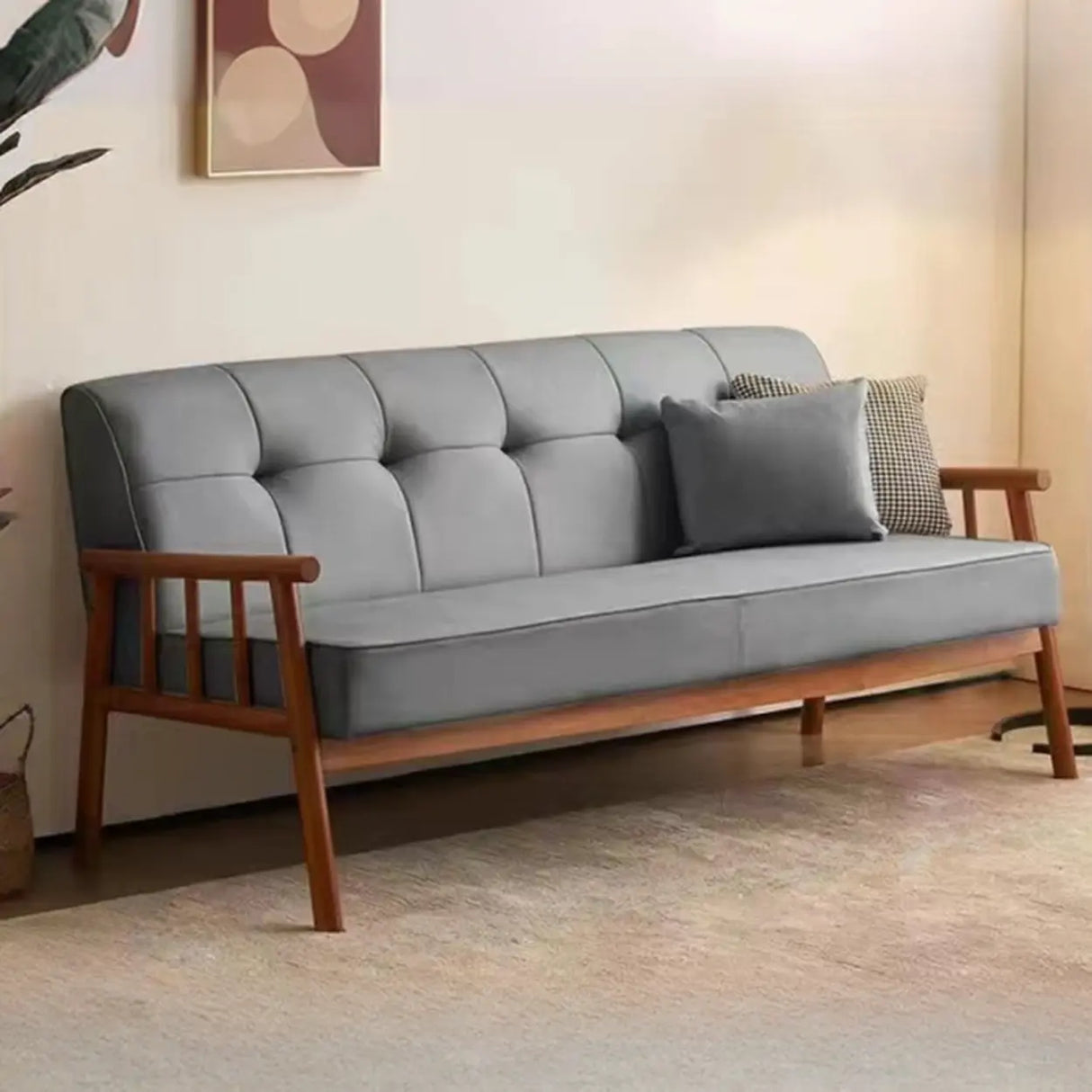 Scandinavian Tech Cloth Tufted Back Rubberwood Leg Sofa Image - 16