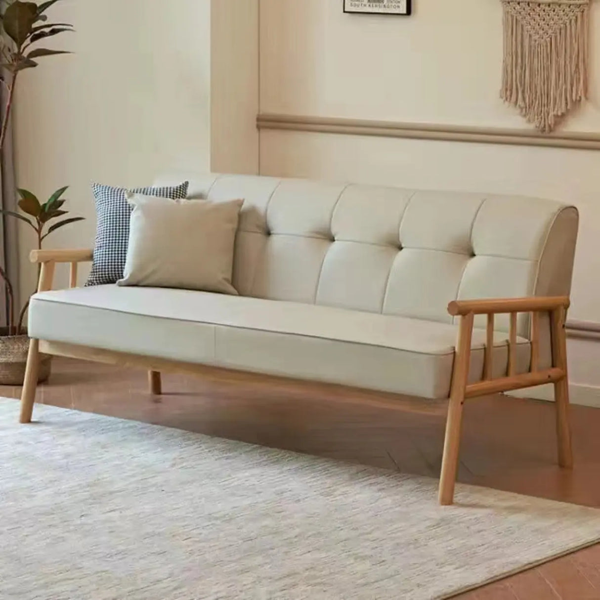 Scandinavian Tech Cloth Tufted Back Rubberwood Leg Sofa Image - 2