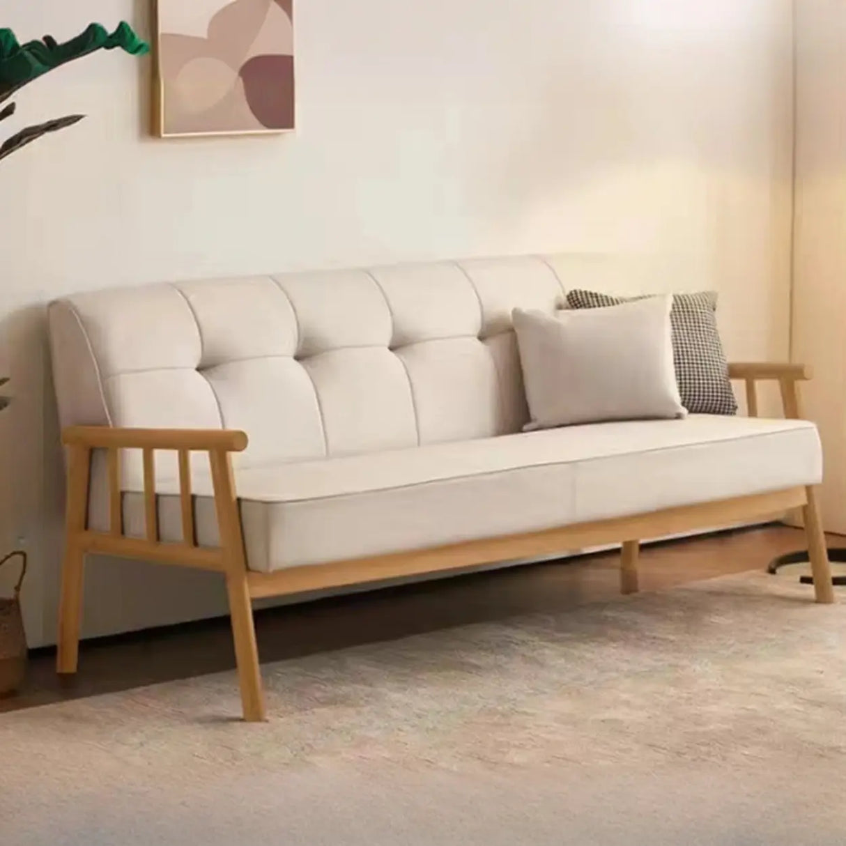 Scandinavian Tech Cloth Tufted Back Rubberwood Leg Sofa Image - 20