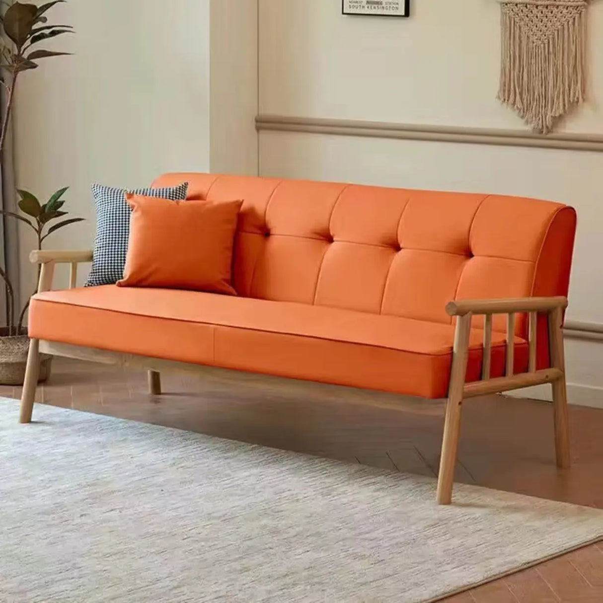 Scandinavian Tech Cloth Tufted Back Rubberwood Leg Sofa Image - 3