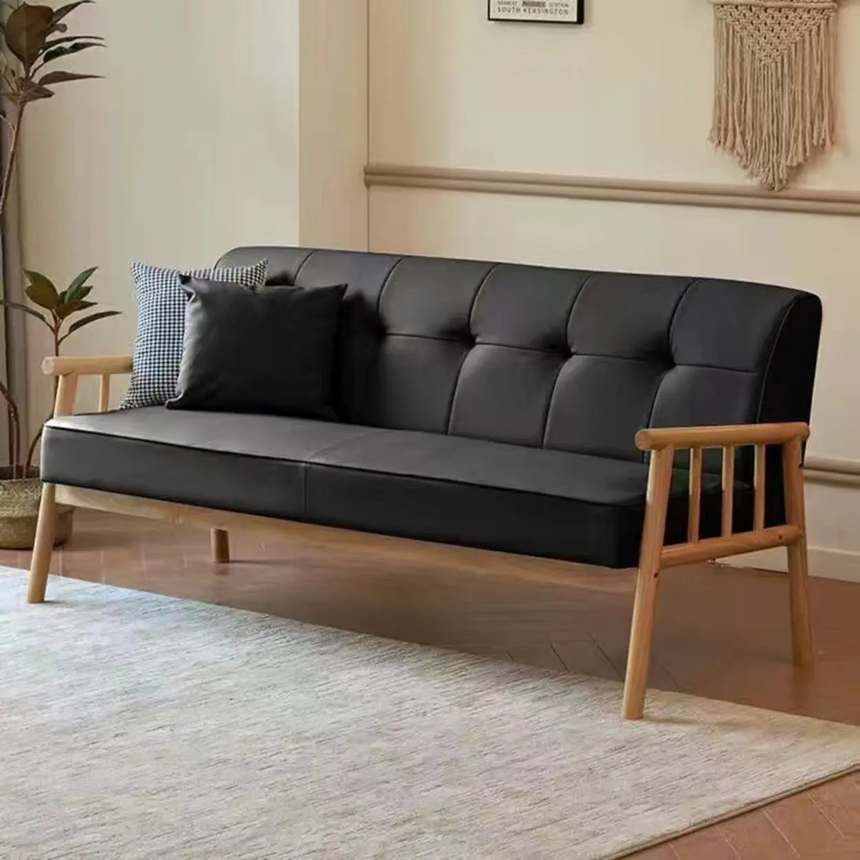 Scandinavian Tech Cloth Tufted Back Rubberwood Leg Sofa Image - 4