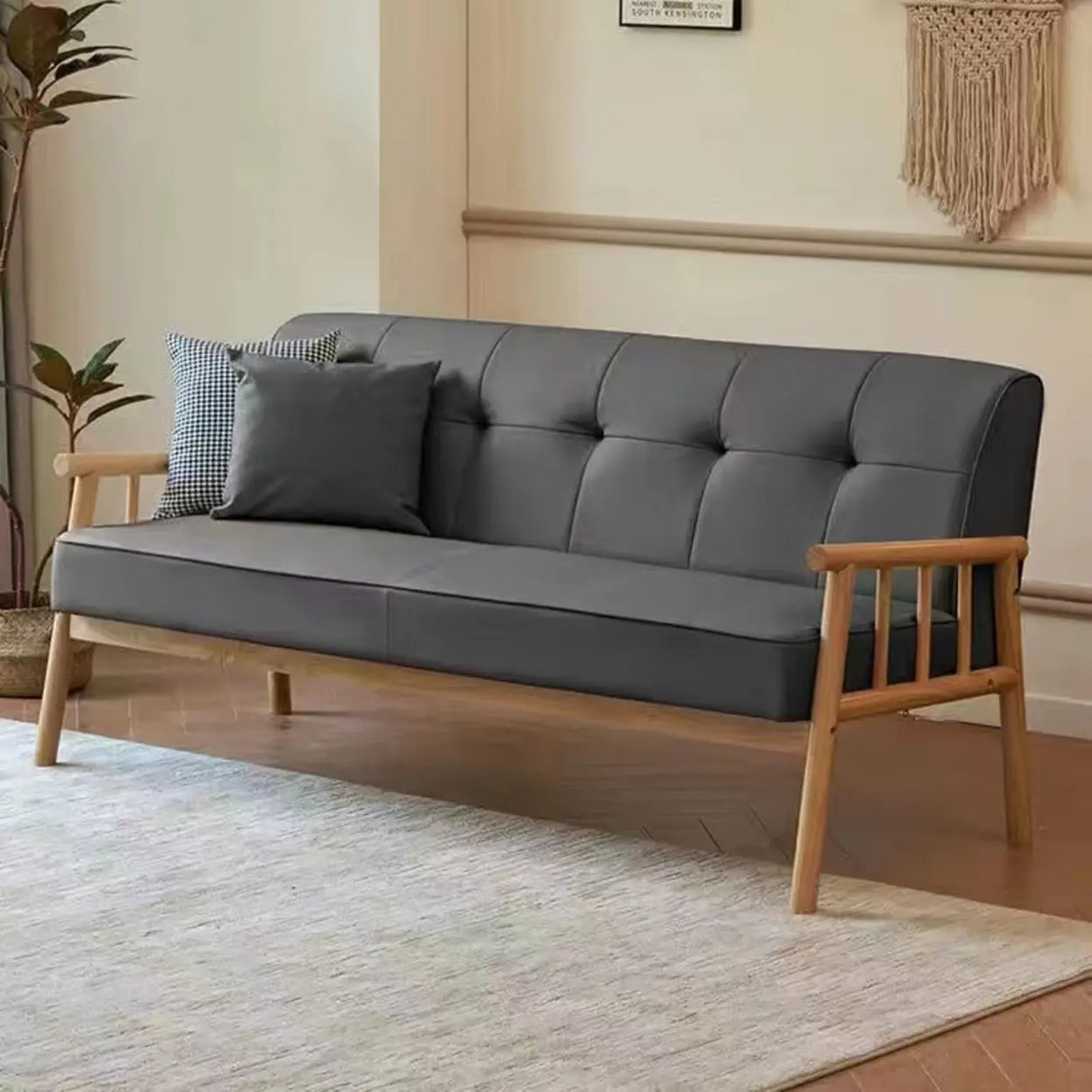 Scandinavian Tech Cloth Tufted Back Rubberwood Leg Sofa Image - 6