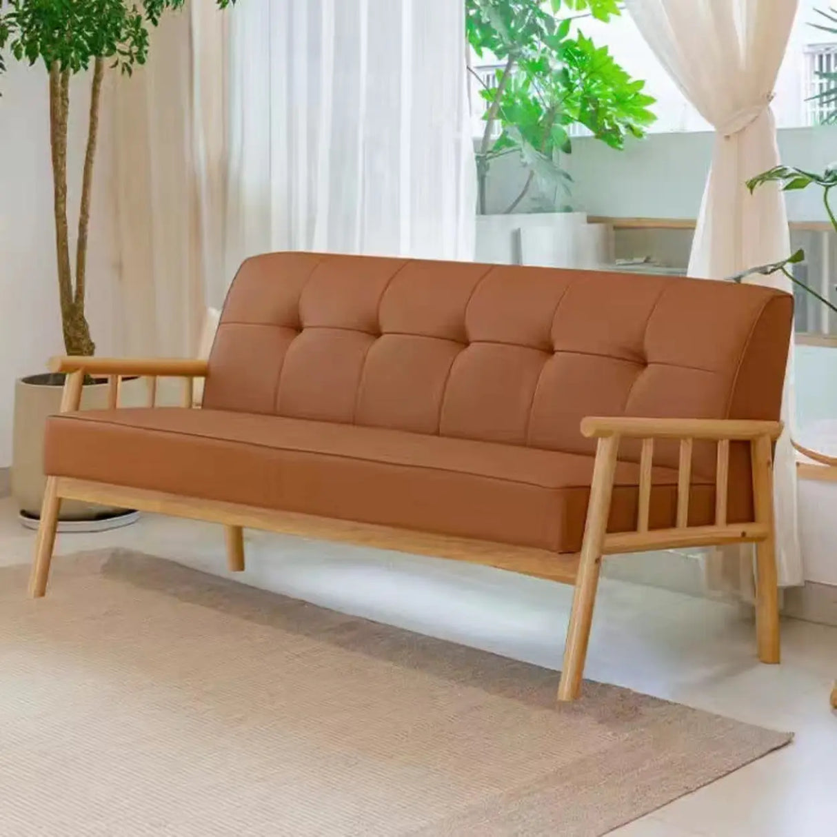 Scandinavian Tech Cloth Tufted Back Rubberwood Leg Sofa Image - 7