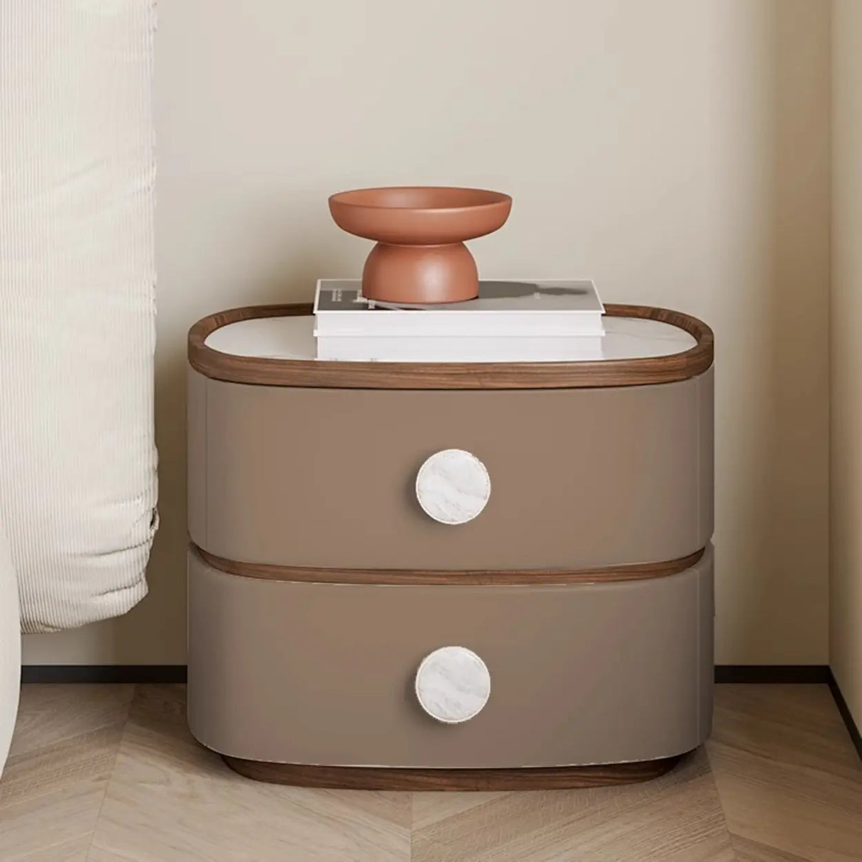 Scandinavian Two-Tone Oval Leather Nightstand with Drawers Image - 10