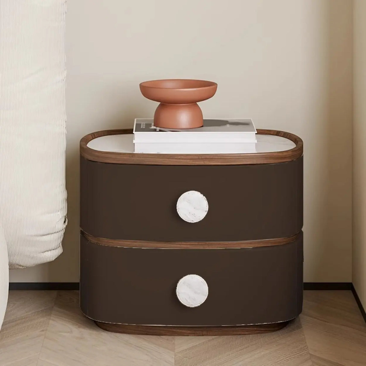 Scandinavian Two-Tone Oval Leather Nightstand with Drawers Image - 11