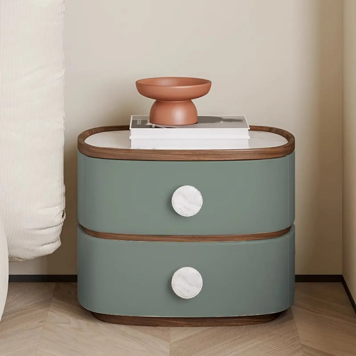 Scandinavian Two-Tone Oval Leather Nightstand with Drawers Image - 12