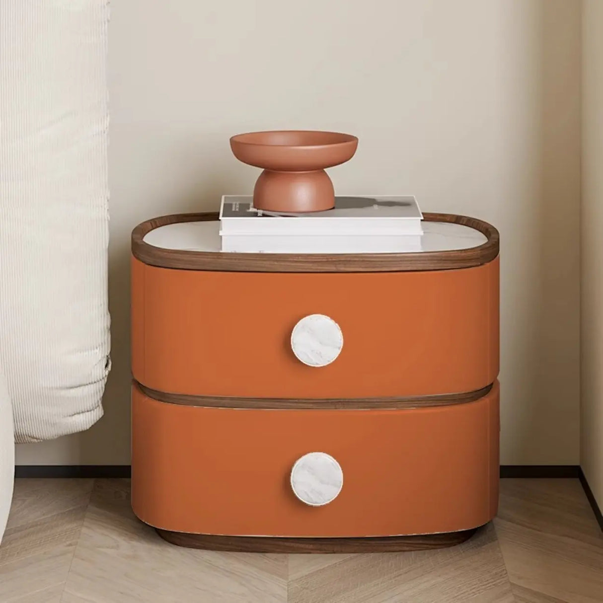 Scandinavian Two-Tone Oval Leather Nightstand with Drawers Image - 13