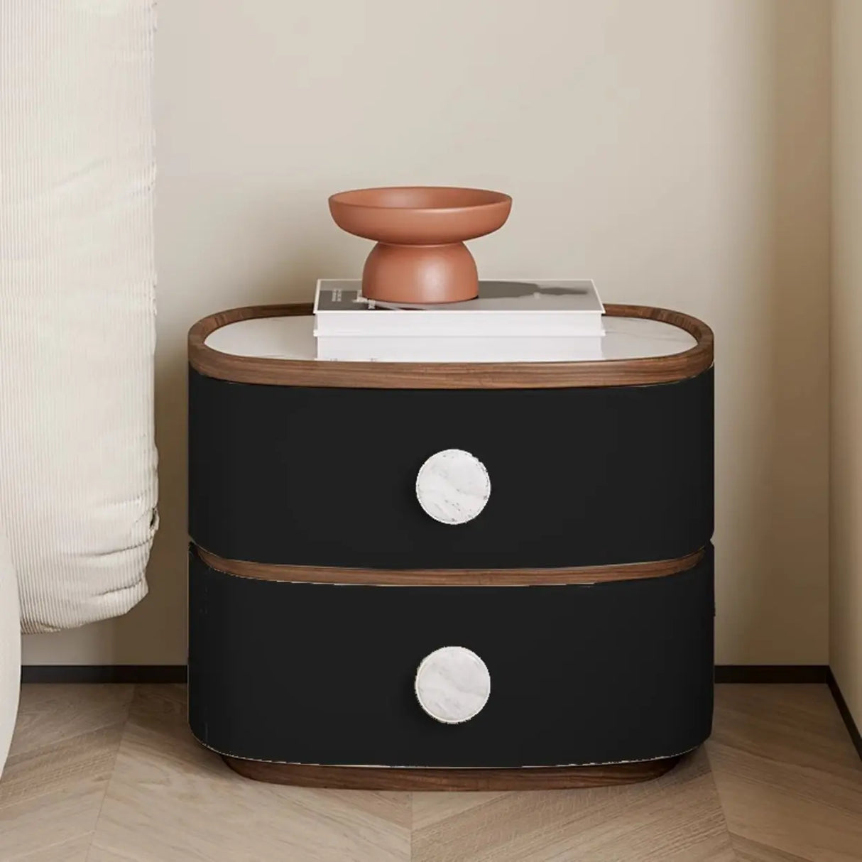 Scandinavian Two-Tone Oval Leather Nightstand with Drawers Image - 14